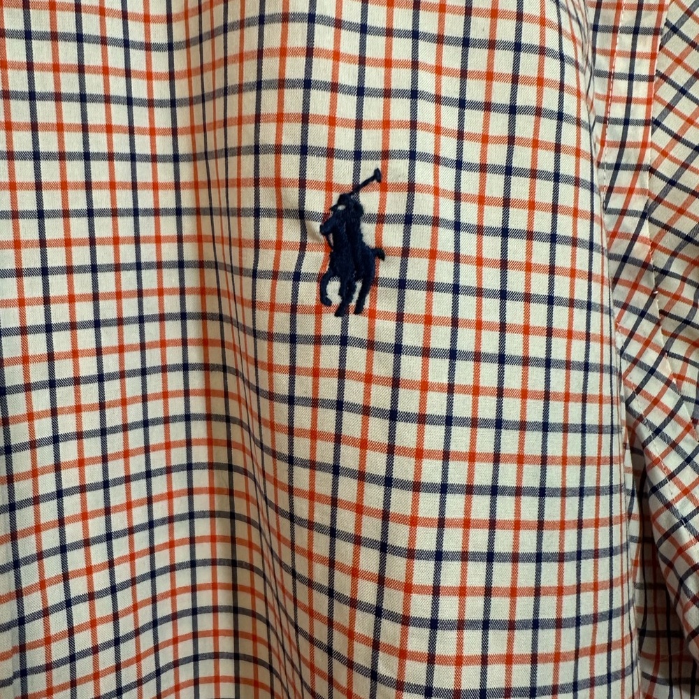 Classic Fit Gingham Stretch Poplin Long Sleeve Woven Shirt Med. Red/Blue Cotton - Picture 2 of 8